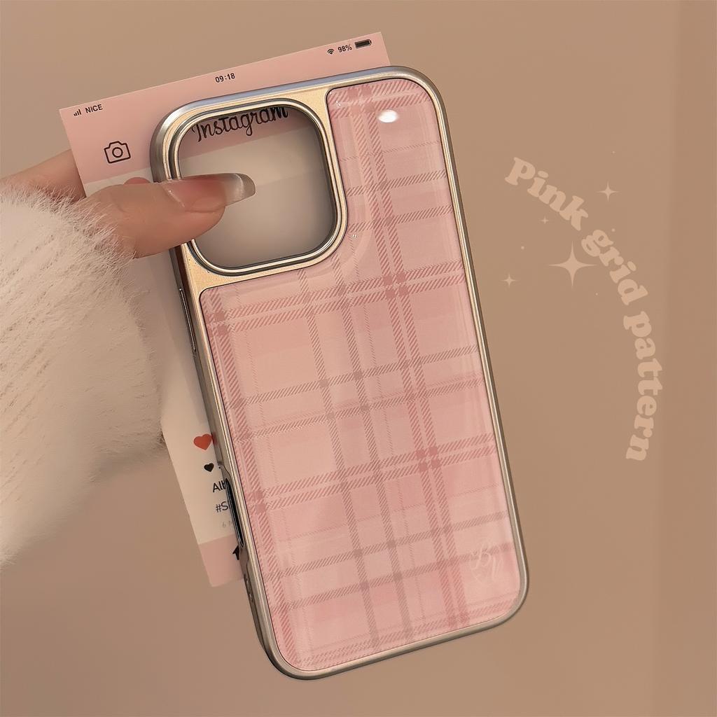 Pink Check Pattern Suitable for 16 Apple 15 Promax Mobile Phone Case Iphone 14 Drop Glue 13 Korean Sweet 15 Huawei Hard
