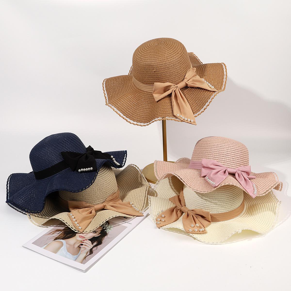 

Соломенная шляпа, женская летняя волнистая шляпа с большим бантом, солнцезащитный козырек, дорожная пляжная шляпа, корейская версия праздничной шляпы от солнца