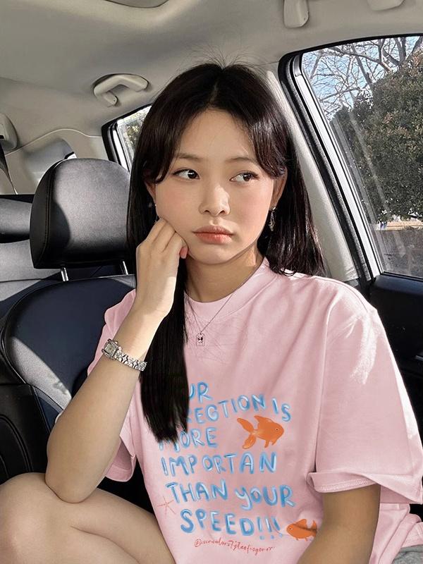 Pink ort Sve T-irt Women's Summer Loose Fit round Ne Korean Sle Lazy Sle Cotton Top Printed Commute Faion