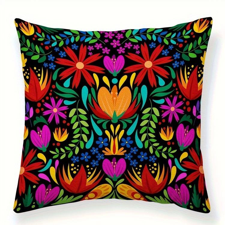 Vintage Mexican Throw Pillow Cover, Geometric Floral Pattern, Machine Washable With Zipper, Home Party Decor Cushion Cover