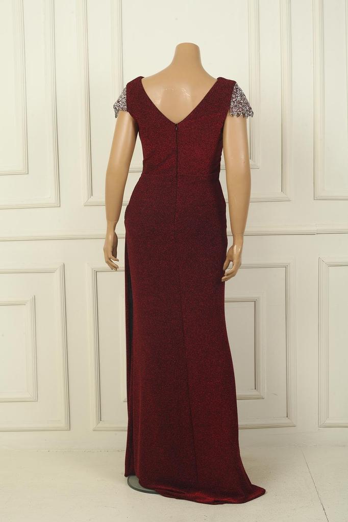 Front Back V Neck Sleeve and Waist Stone Detailed Lined Draped Glittery Plus Size Lycra Long Dress