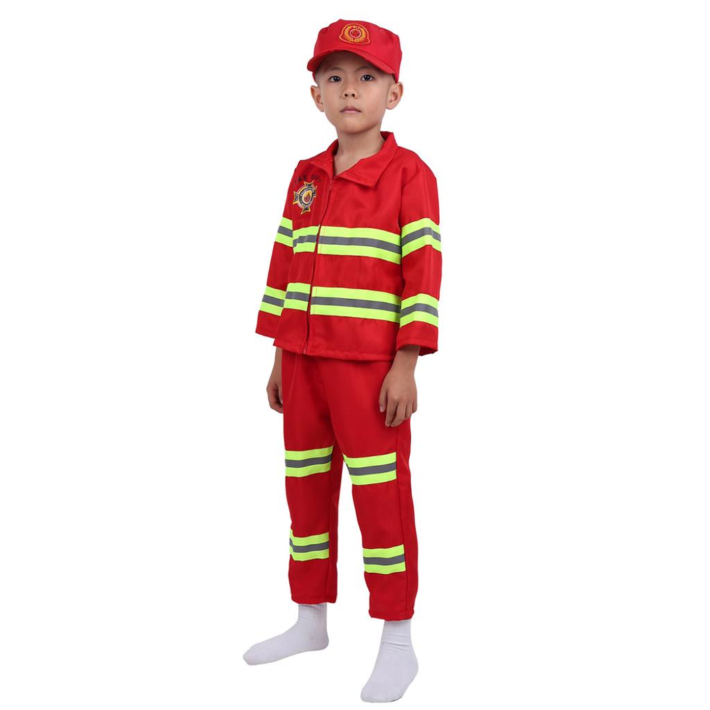 Kids Fireman Costume Set Girls Boys Firefighter Cosplay Fancy Dress Up Thick Jacket Coat With Pants Hat Set