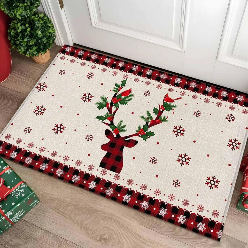 Merry Christmas Indoor Door Mat Gnome Xmas Tree Snowflake Red Black Plaid Front Door Mat Non Slip Washable Entryway Rug