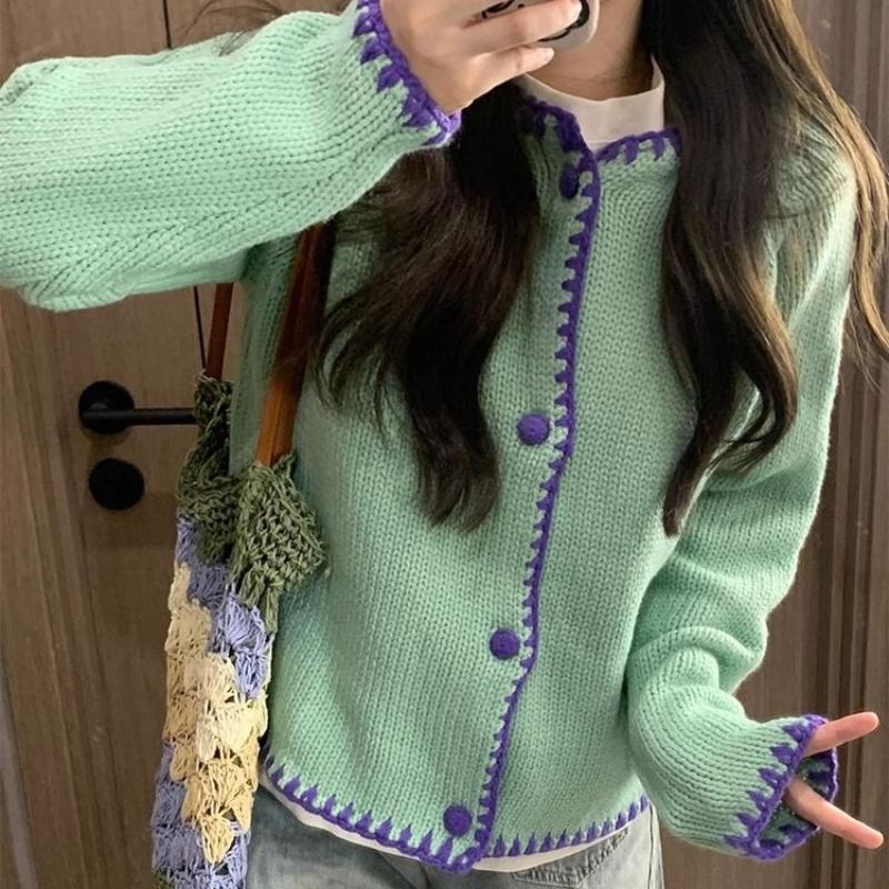 Korean Style Gentle Style Color Block Long Sleeve Knitted Sweater Women's Autumn Sweet Cardigan Top