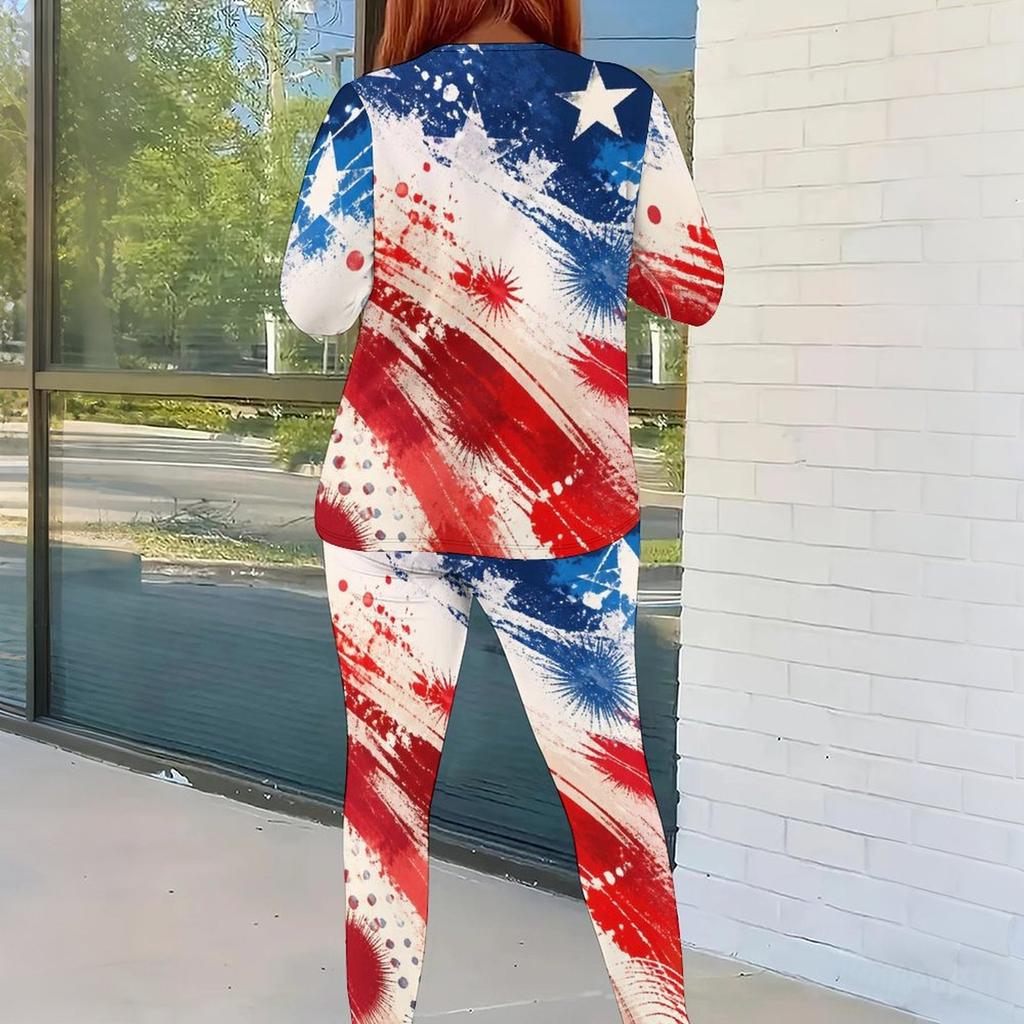 Women Plus Size Red Navy Star Printed Two Piece Set Round Neck Long Sleeve Top Fitted Pants
