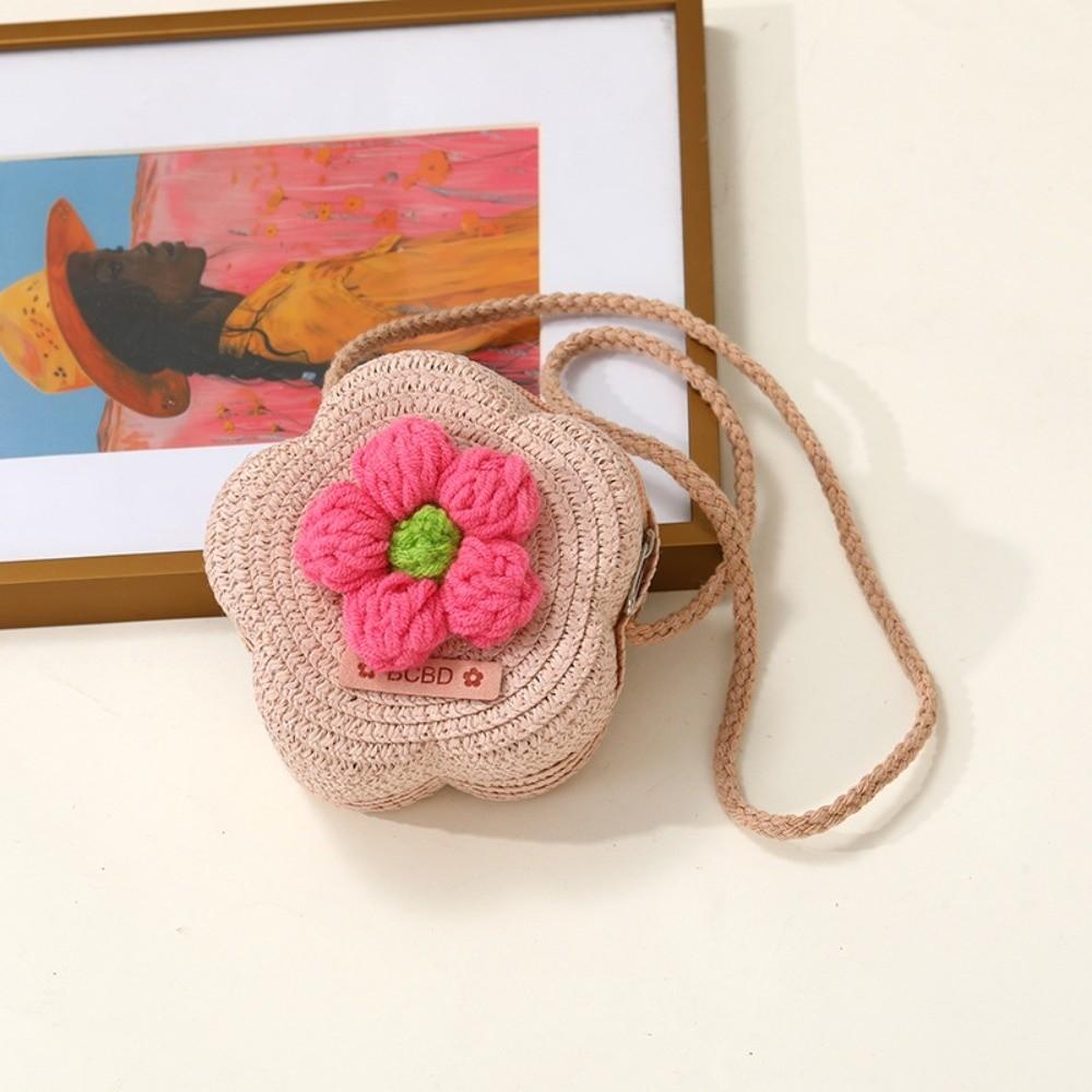Cute Handmade Straw Bag Flower Shape Woven Shoulder Bag Summer Beach Bag for Children Girls