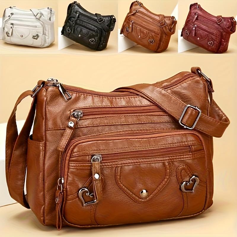 With Adjustable Shoulder Strap, Multiple Zippered Heart Cut-Out Design - Solid Color Handbag For Work, Shopping, Daily Use