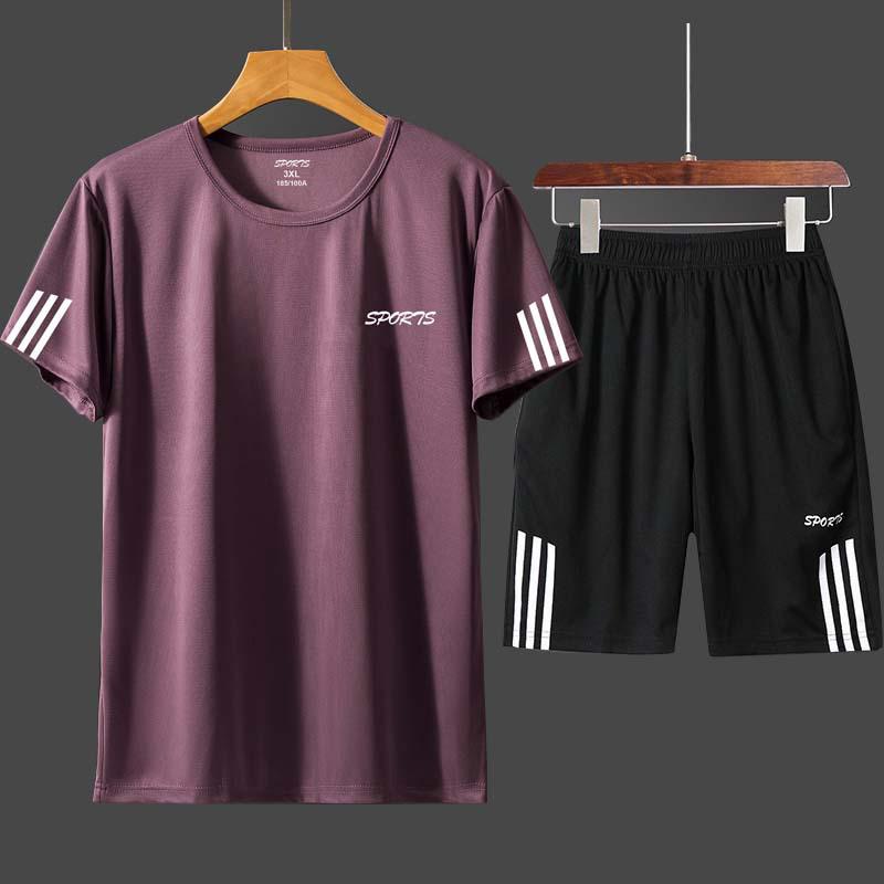 Men's Summer Gym Running Set: Loose-fit Quick-drying T-shirt with Round Neck and Printed Design.