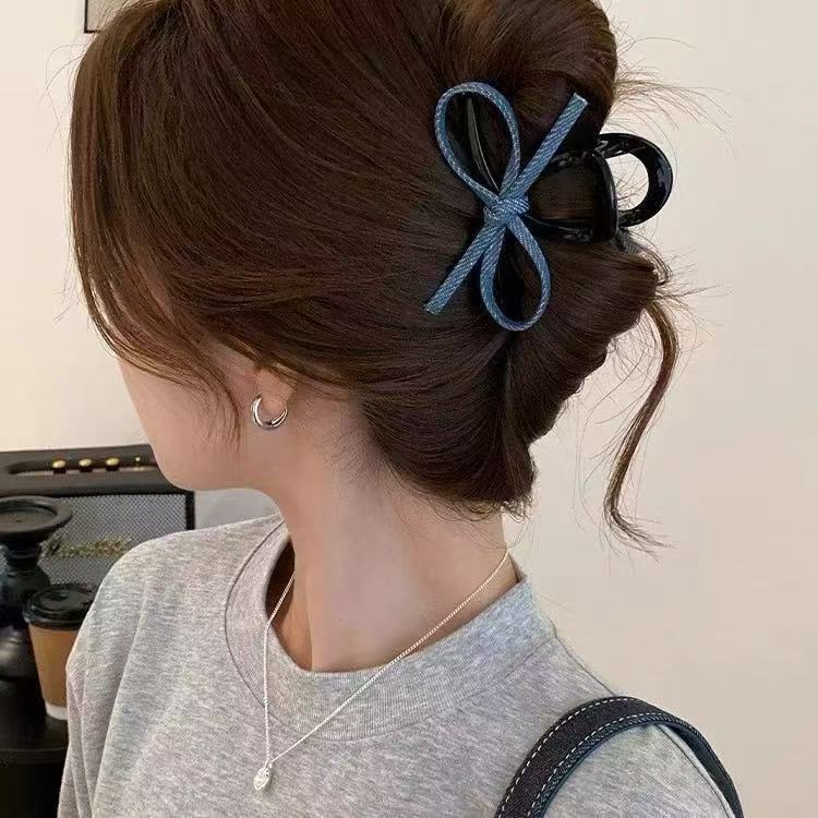 Salt And Sweet Simple Denim Bow Grab Clip Women'S New Back Head Hair Clip Shark Clip Hairpin Headdress