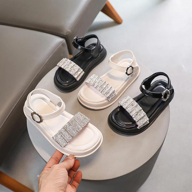 Kids Sandals for Girls Princess Summer Rhinestone Strap Beach Sandal Fashion Causal Children School Open-toe Sandals Thick Soled