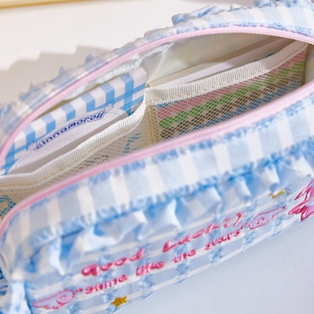 New Dopamine Style Stationery Bag Checkered Large Capacity Pencil Storage Bags Embroidery House Pencil Pouch Daily Use