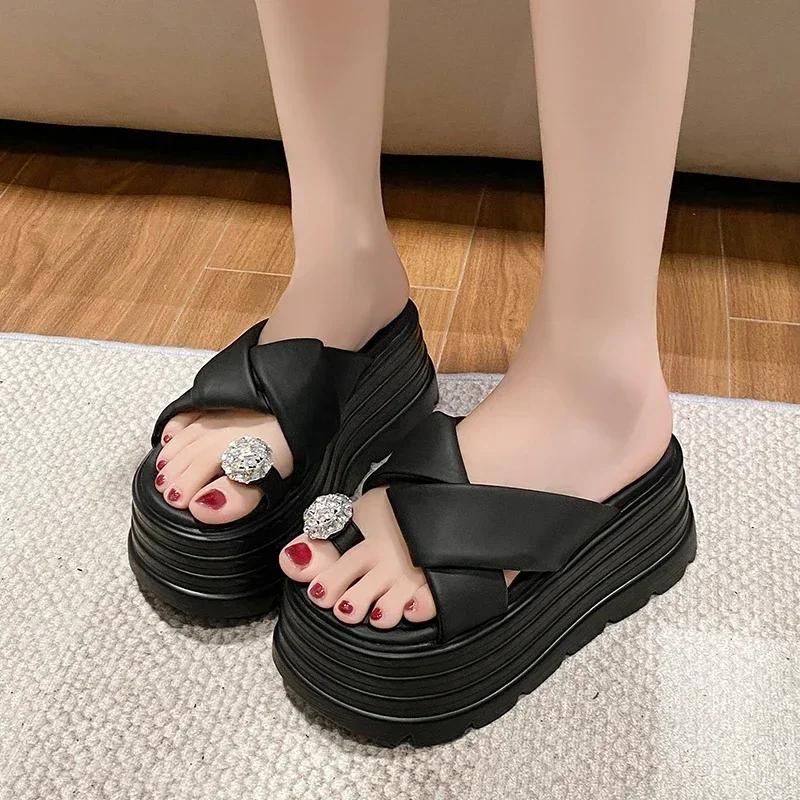 Fashion 8CM Embed Rhinestones Heels Wedge Slides Sandals Women Casual Outdoor Slippers Female Summer Beach Slipper Walking Chunky Shoes