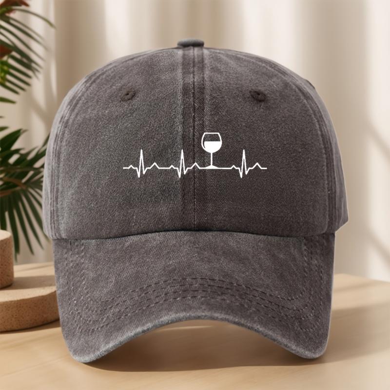 Heartbeat Red Wine Glass Printed Baseball Cap Classic Washed Retro Hat Lightweight Soft Sweat-Absorbent Peaked Cap