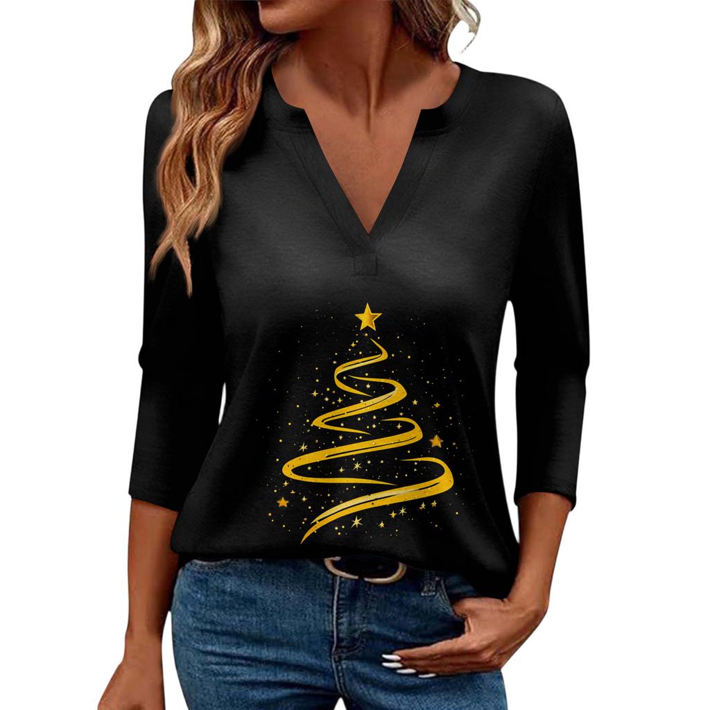 Women's Casual Fashionable Sexy Comfortable V-Neck Christmas Three-Quarter Sleeve Top