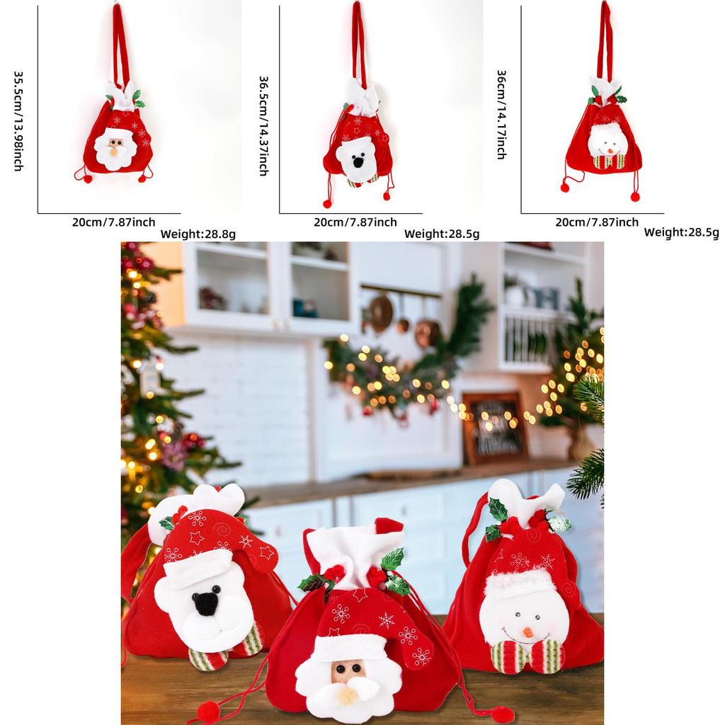 Adorable Christmas Candy Bag Featuring Santa Claus Snowman Gift Design With Drawstring Closure