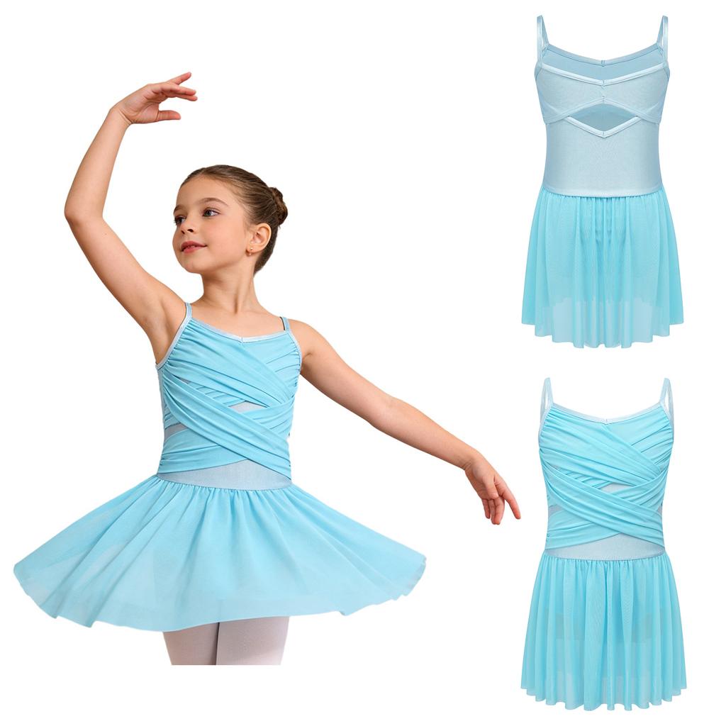 Youth Ballet Dress with Strappy Back Cross Detail Ruched Front Mesh and Built-in Underwear for Dance Competition Stage Wear