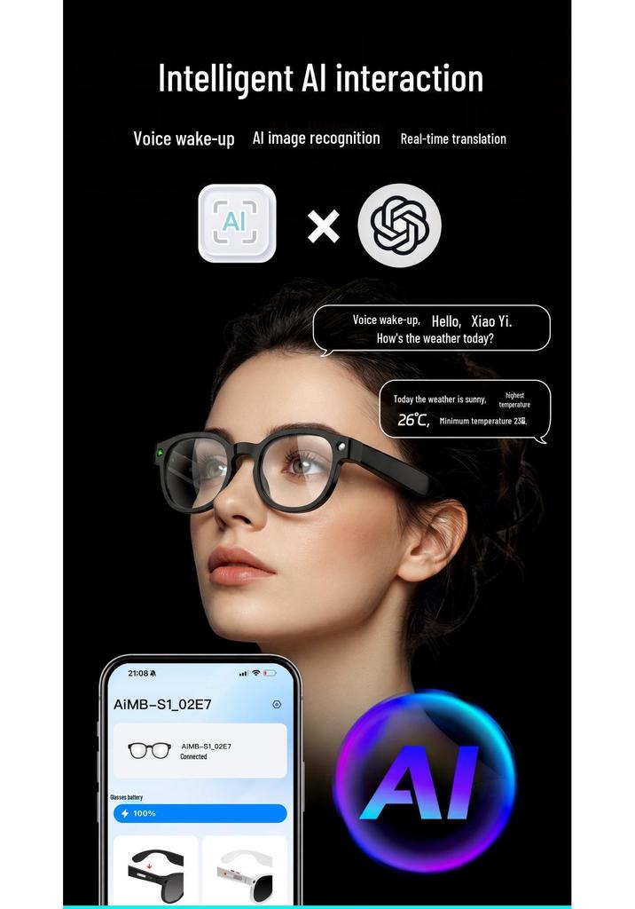 AIMB-S1 Smart Bluetooth Glasses: 5MP Camera, Music, Calls, Video Recording, AI Translation.