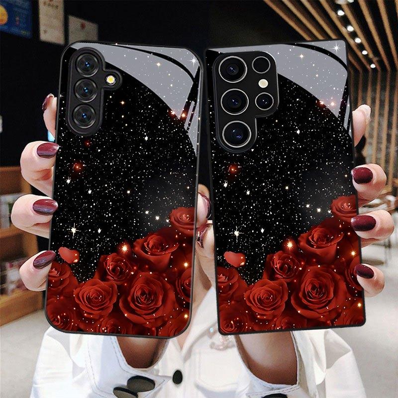 

Закаленное Стекло Чехол Для Телефона Для Моделей Серии Galaxy S26, S21, S22, S23, S24, S25 FE Ultra Plus. дизайн: Красная Звездное Небо Роза. For Galaxy S26