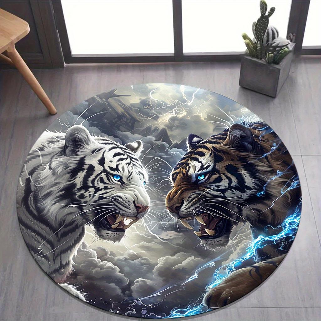1pc Festive Black and White Tiger Print Round Area Rug - Perfect for Living Room, Bedroom or Den - Crystal Velvet