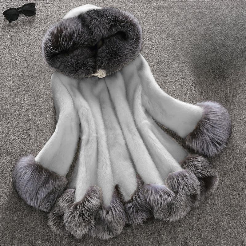 Höst och Vinter Plus Size Pälsrock Rock Dam Mellanlång Minkhår Rävpäls Krage Imitationspäls Damrock