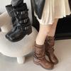 Vintage Stiefel mit dickem Absatz und mittlerer Höhe, Western-Cowboy-Stiefel, Stapelstiefel, Ritterstiefel, frühe Herbst-Martinsstiefel, französische Röhrenstiefel, Damenstiefel