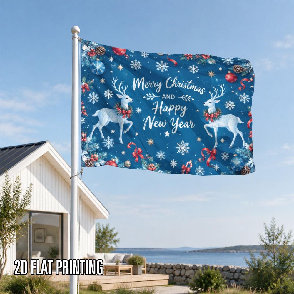 2D Flat, 2D Flat Printing 1pc Christmas Reindeer and Snowflakes Print Festive Square Flag, Polyester Fiber Decorative Banner for Community and Neighbo