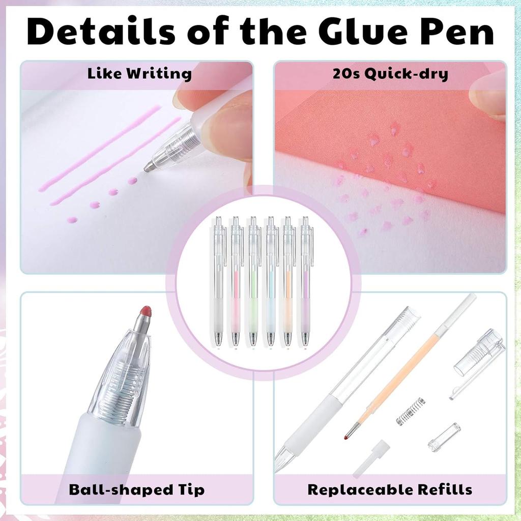 6 Pcs Quick Dry Ballpoint Glue Pen with 12 Pcs Glue Refills Easy Control and Precise Apply Liquid for Crafting Scrapbooking