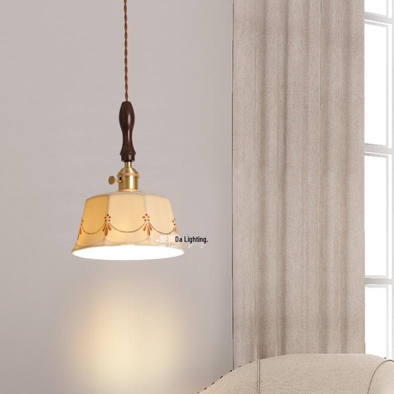Japanese Retro Brass Glazed Ceramic Pendant Light for Bedroom, Dining, Bar, Entrance, and Tea Room