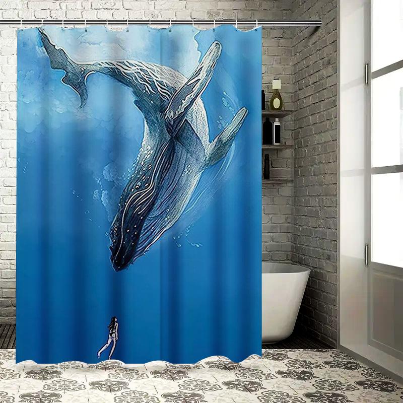 Whale and Diver Artistic Design Waterproof Shower Curtain Heat Resistant Machine Washable Non-Transparent 180x180cm