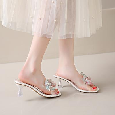 One-word Transparent High-heeled Cool Slippers Summer 2025 New Versatile Fine-heeled Outer Wear Flower Crystal Slippers