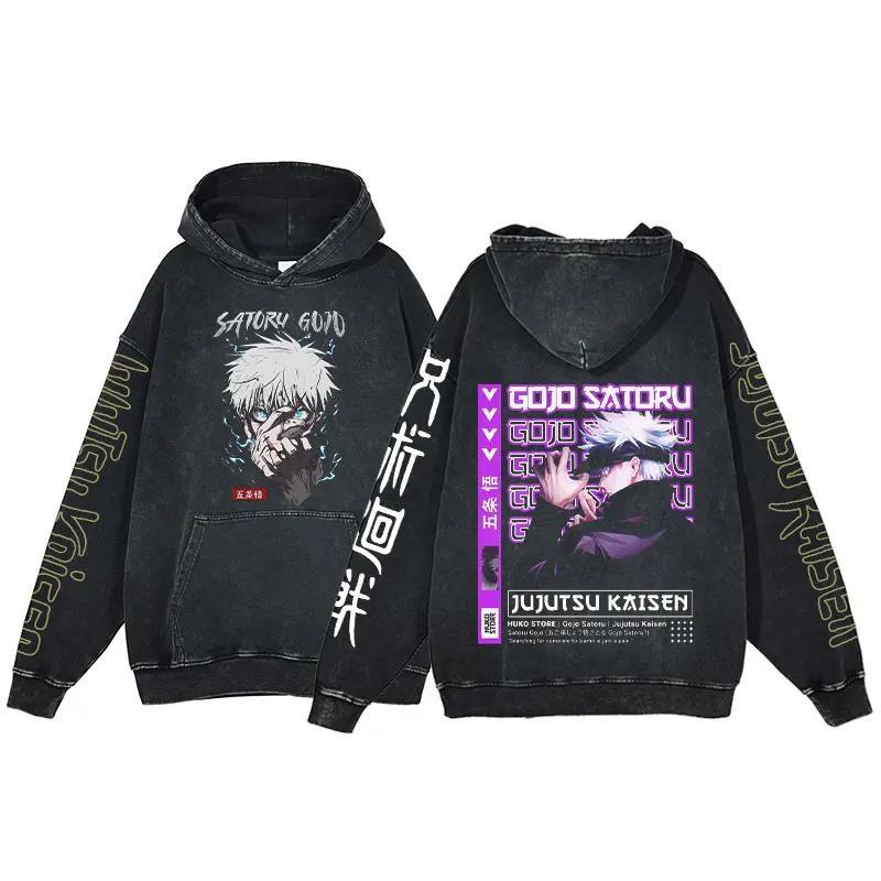Anime Jujutsu Kaisen Ryomen Sukuna Print Washed Hooded Men Manga Vintage Hoodies Casual Cotton Streetwear Harajuku Sweatshirt