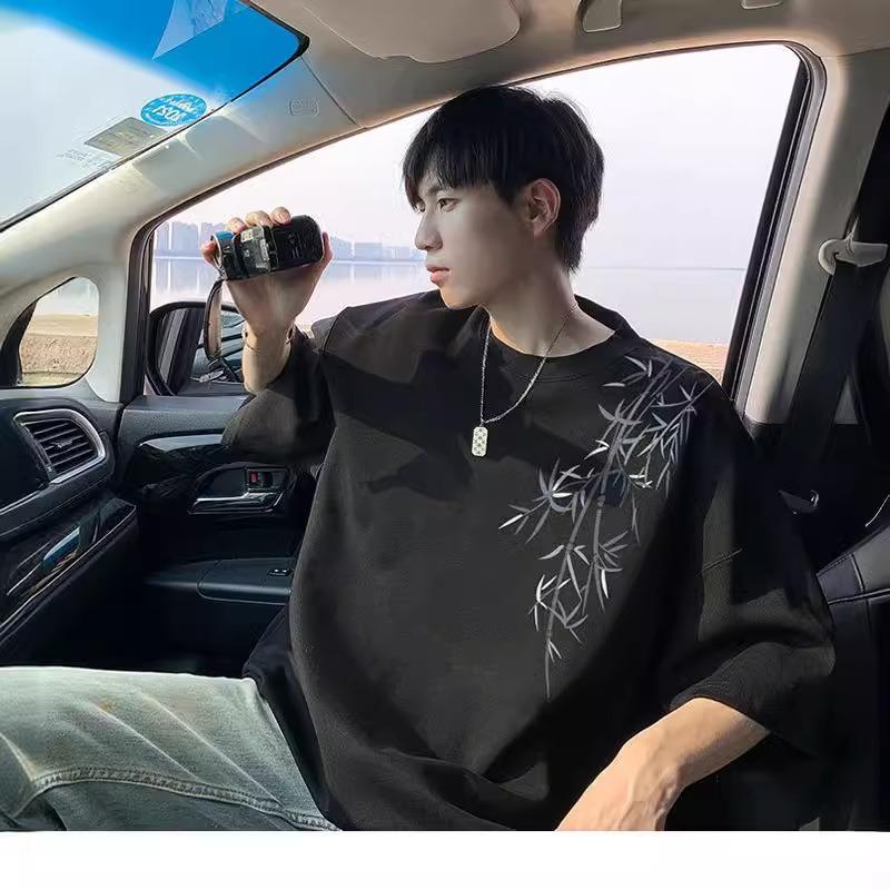 New Chinese style bamboo heavy short-sleeved t-shirt men's tide brand white loose large size high street half-sleeved t-shirt summer