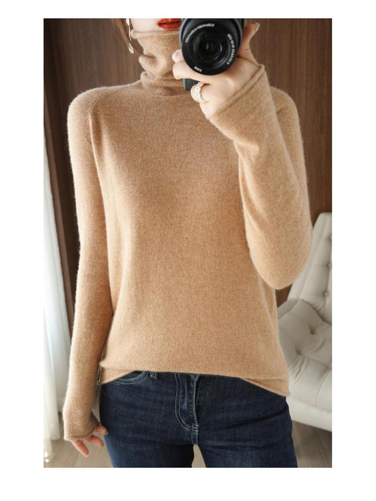 Women's High Neck Knit Sweater: Long Sleeve, Solid Color, Loose Fit, Stylish Autumn/Winter Base Layer
