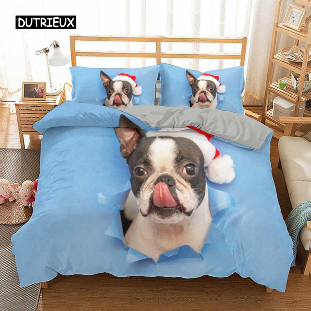 Sett med dynetrekk for fransk bulldog, King size, Søt valp, Dyretema, Sengetøy for barn og tenåringer, Polyester, 2/3 deler, Mykt dynetrekk