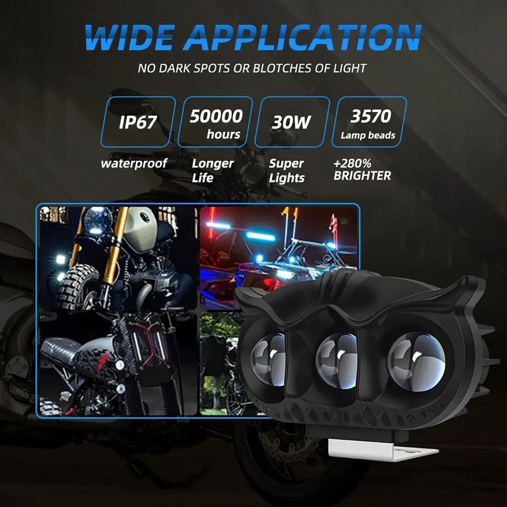 1pcs Motorcycle Headlight LED Spot Light Owl Shape 3 Light 5 Modes Three Colors Strobe Fog Light Motorbike Running Lamp
