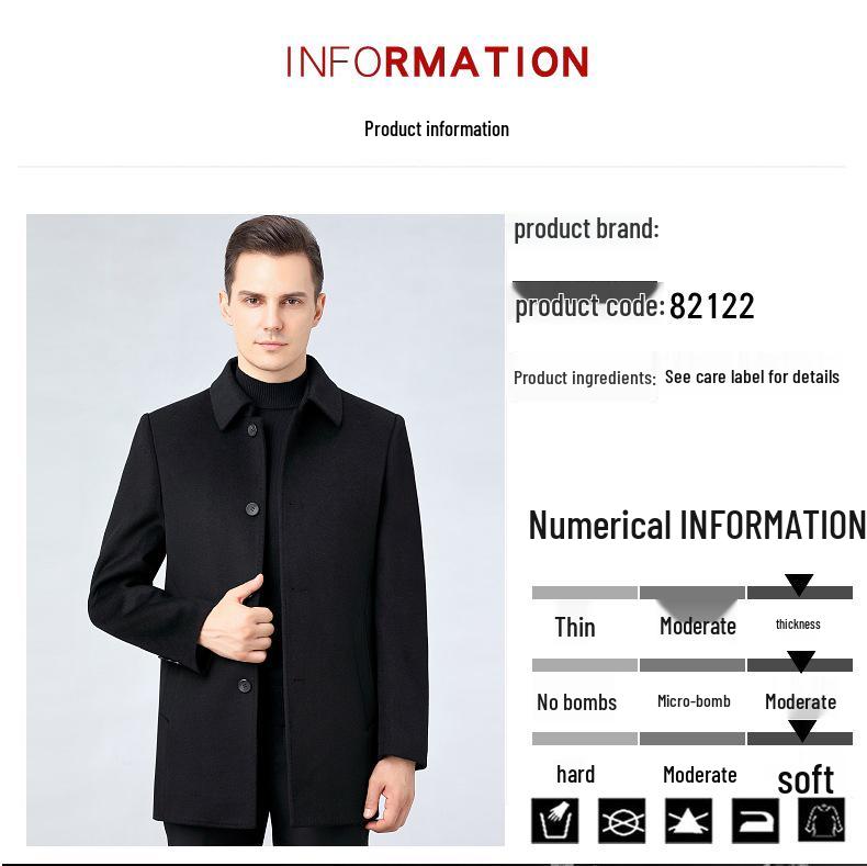 Men's Cashmere Winter Coat with Detachable Down Liner - Thick Wool Double-Faced Cloth for Business Casual.
