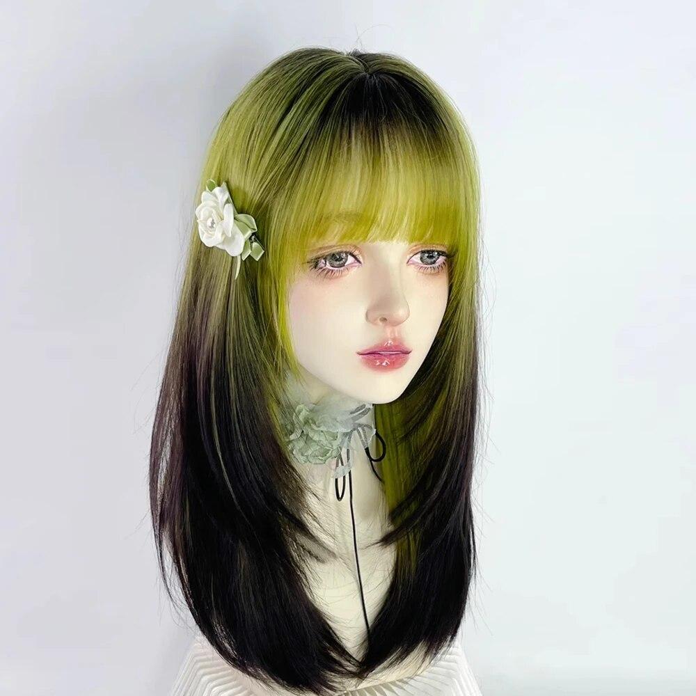 Long Straight Ombre Black Green Gradient Synthetic Women Wig with Bangs Lolita Cosplay Wig for Daily Party