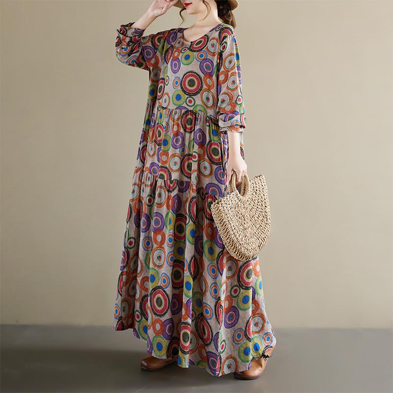 Dimanaf 2025 Women Plus Size Spring Long Dress Loose Basic Printing Vintage Casual Floral Oversize Long Sleeve Maxi