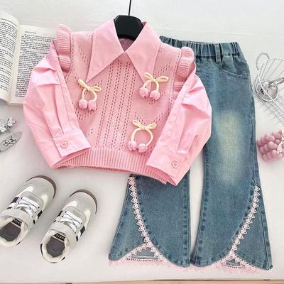 Set di 3 pezzi alla moda in maglia per ragazze Autunno 2025: Gilet, Camicia e Jeans