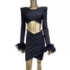 2023 Bandage Skirt Two-Piece Set: Sexy Feather Long-Sleeve Crop Top & Short Skirt