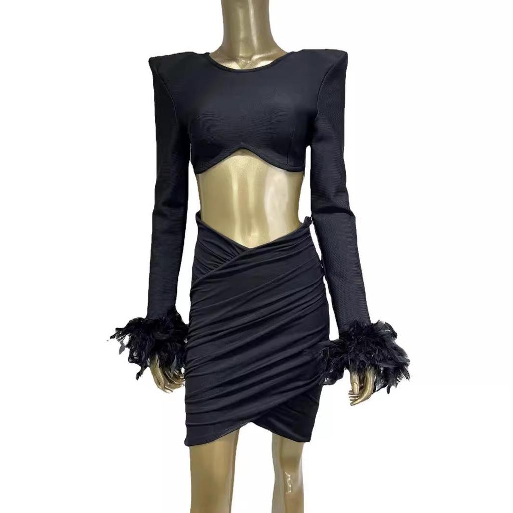 2023 Bandage Skirt Two-Piece Set: Sexy Feather Long-Sleeve Crop Top & Short Skirt