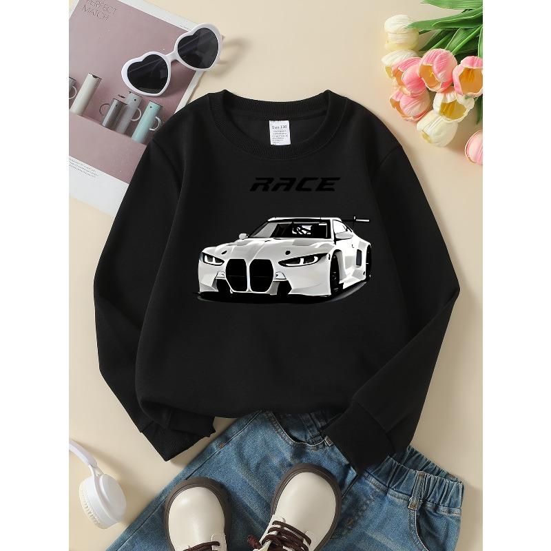 Race Car Speed Power Design Girls' Crew Neck Fashion Sweatshirt, Autumn and Winter Western Style Top, Children's Long Sleeved T-shirt