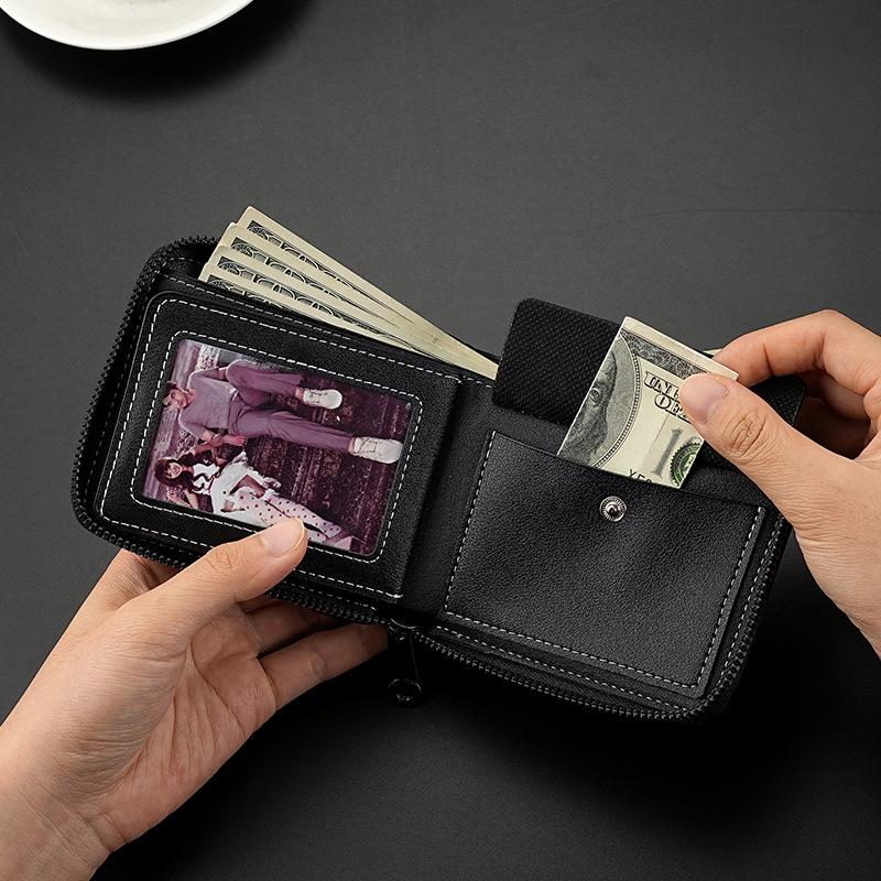 Men’s PU Leather Zip Around 3 Folding Wallet RFID Card Holder ID Window Coin Pocket Short Compact Wallet Cash Purse