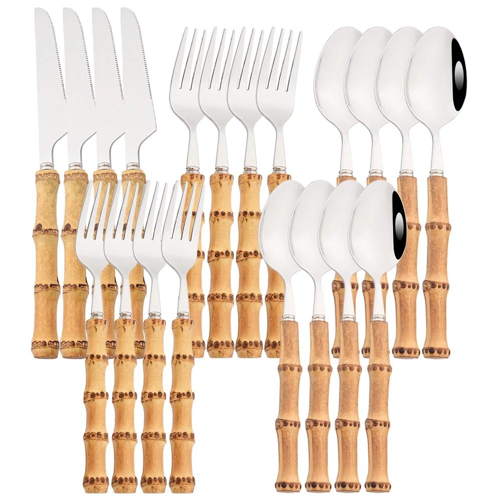 Set di posate con manico in bambù argentato da 20 pezzi Set di stoviglie in acciaio inossidabile 304 Coltello Forchetta da dessert Cucchiaio Stoviglie Posate da cucina
