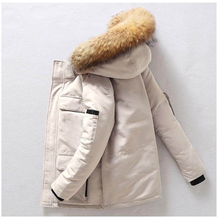 

Пуховик мужской зимний минималистский однотонный меховой воротник с капюшоном теплая парка повседневный удобный белый утиный пух пальто мужской M бежевый