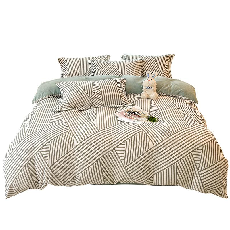 Winter Milk Velvet 4-Piece Nordic Striped Coral Velvet Quilt Cover Flannel Bed Sheet Quilt Cover