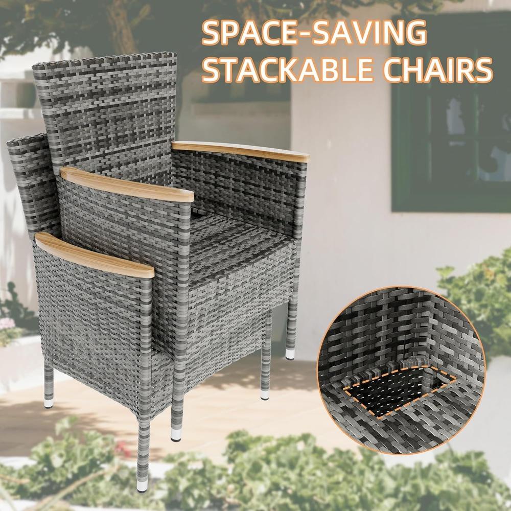 5-teiliges Outdoor-Terrassen-Essset, Rattan-Terrassenmöbelset mit Holztisch und 4 Stühlen mit weichen Kissen für Hof, Garten