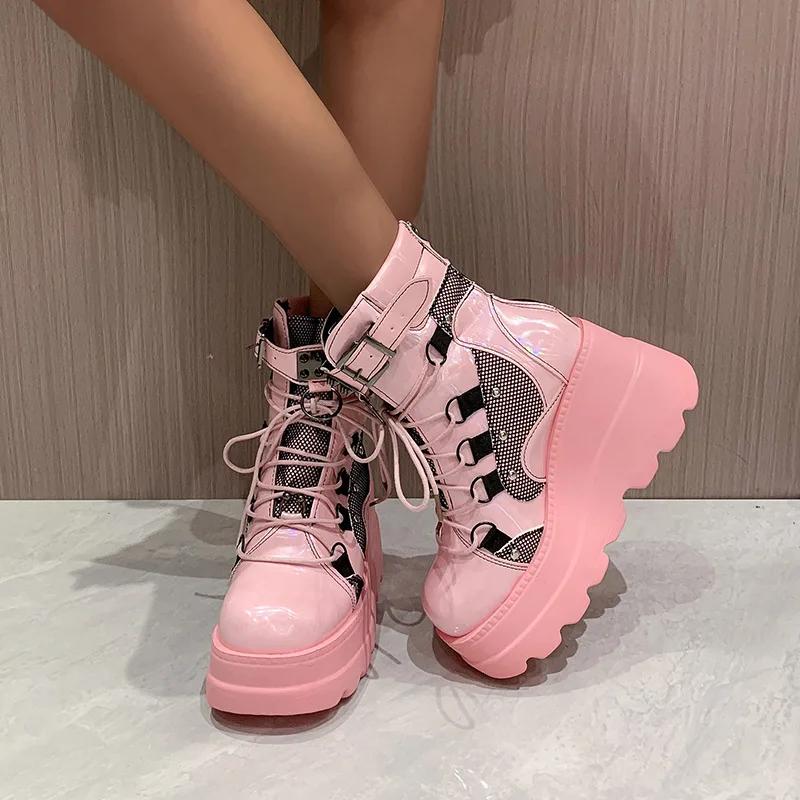 New Design Women Punk Gothic Motorcycle Boots Platform Chunky High Heel Ankle Boot Ladies Cool Wedge Black Female Shoes