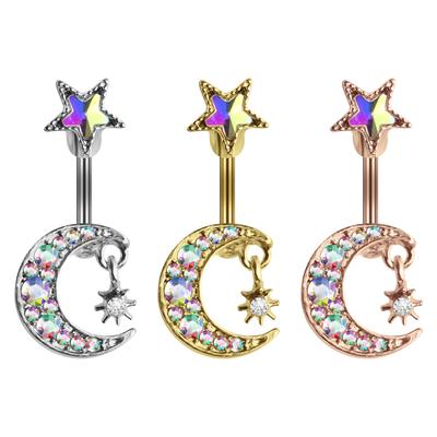 Cross-Border Moon & Star Belly Button Ring - Stainless Steel Piercing Jewelry for Women
