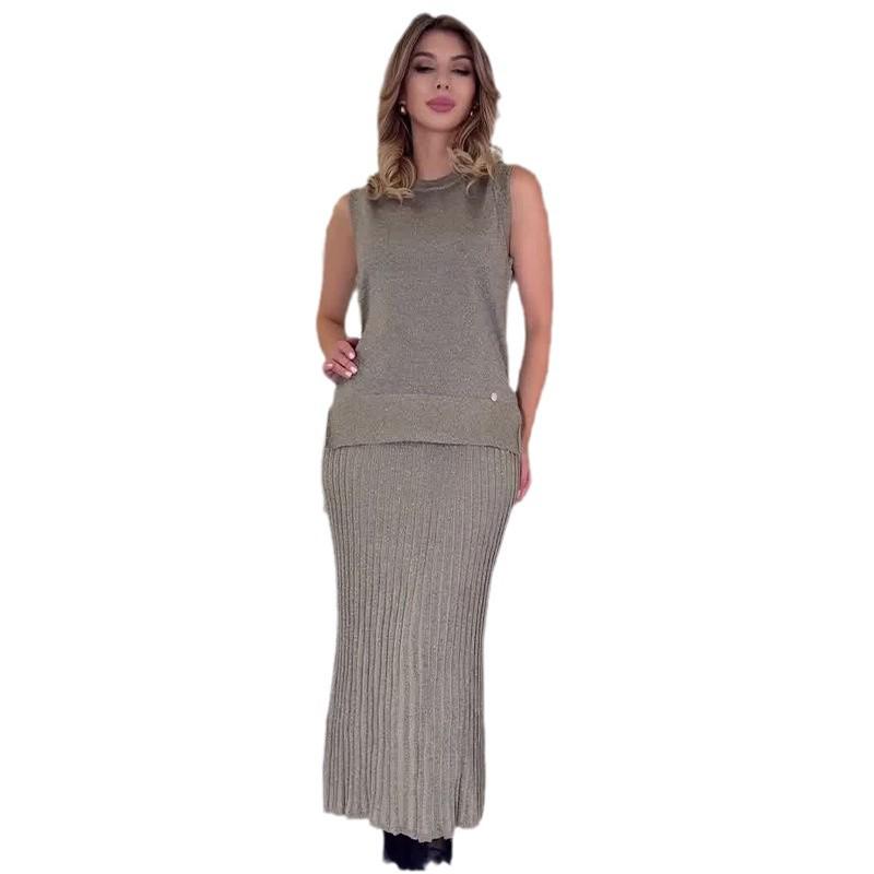 2024 Sommer Damen Ärmelloses Gerafftes Weste & Hüftbetontes Langes Kleid Set